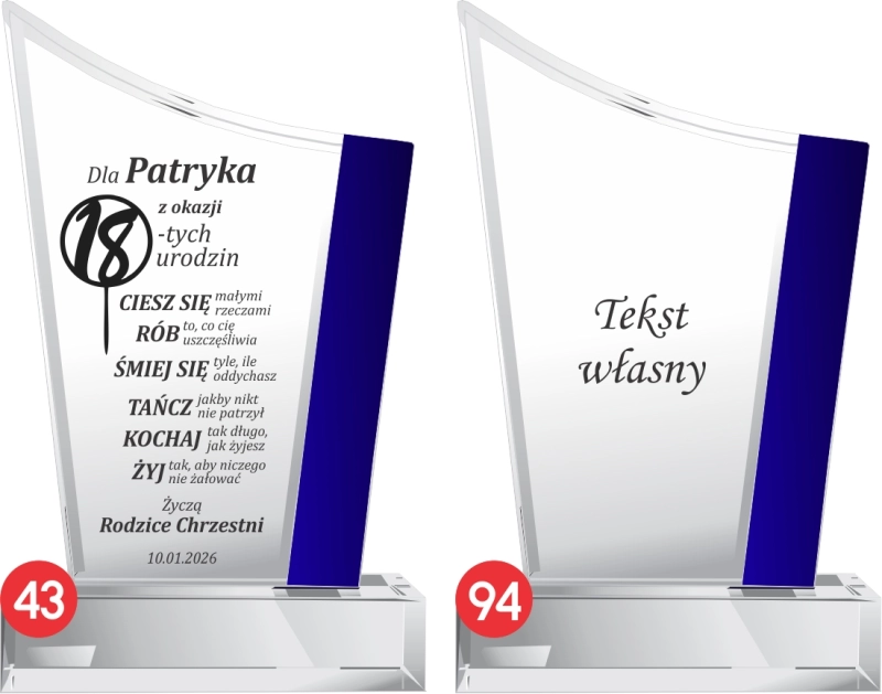 Dostępne warianty graweru na statuetkę na 18 urodziny – wzór z życzeniami (nr 43) i opcja własnego tekstu (nr 94)