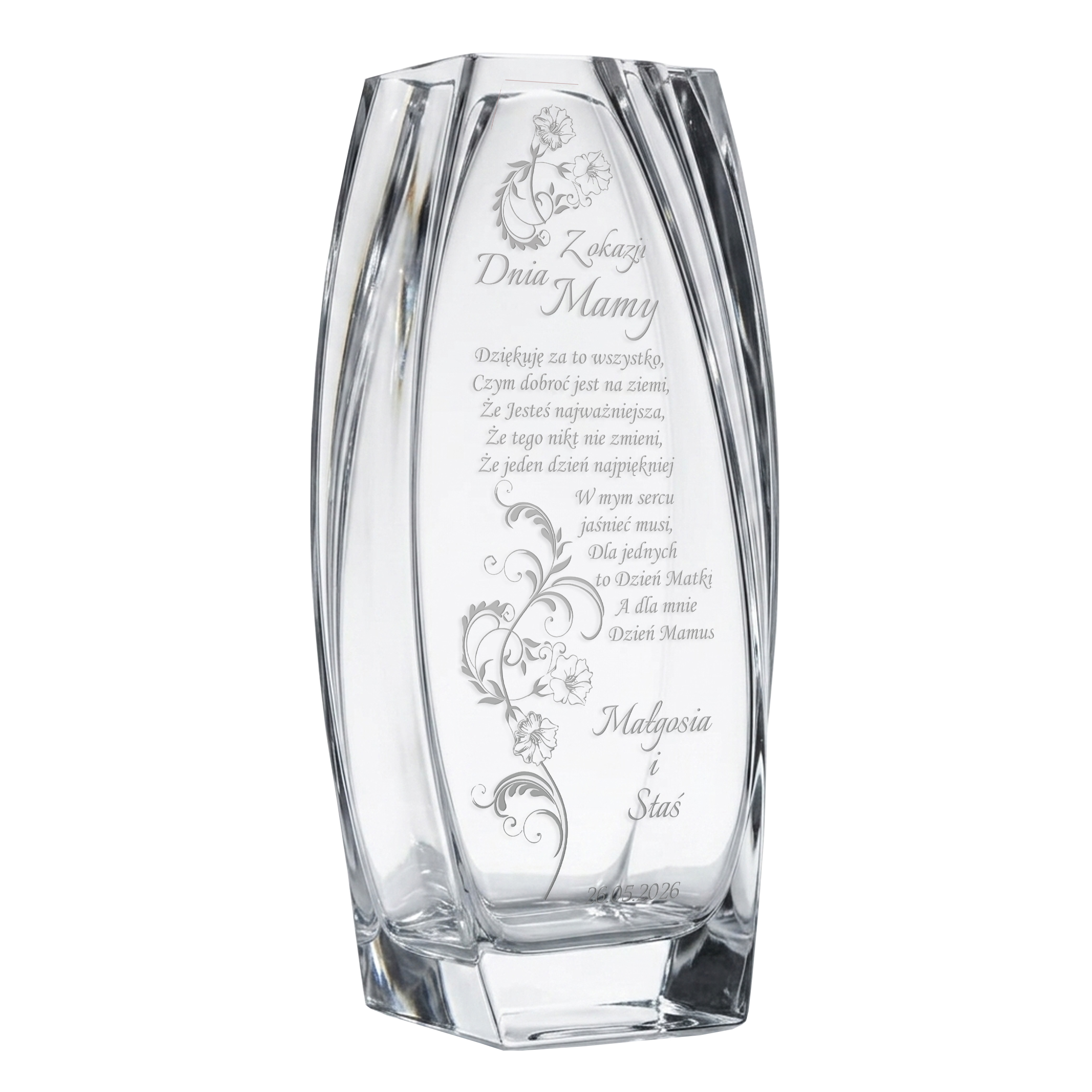 wazon z grawerem na Dzień Mamy, prezent na Dzień Matki,  personalizowany prezent dla mamy, elegancki wazon dla mamy,  upominek z dedykacją na Dzień Matki, pamiątka dla mamy z grawerem