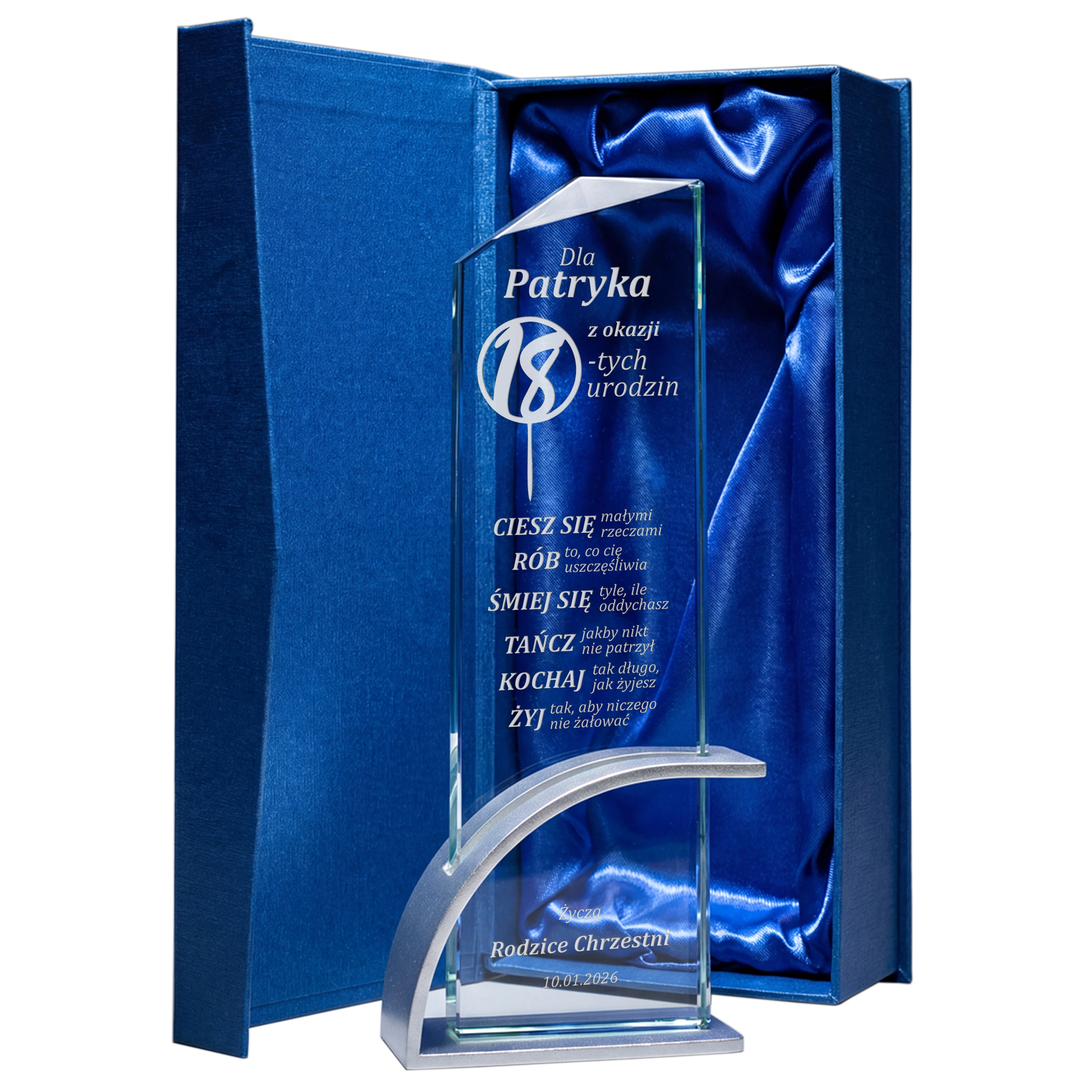 Statuetka Szklana z Grawerem na 18 Urodziny Personalizowana Pamiątka