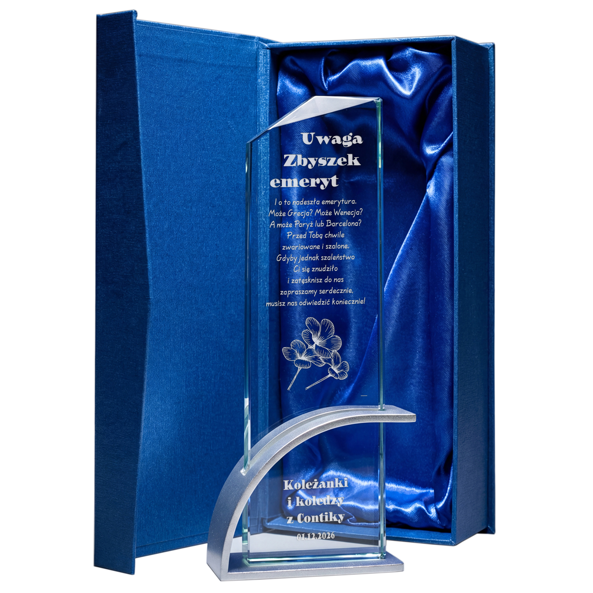 Statuetka Szklana z Grawerem na Emeryturę Personalizowane Podziękowanie