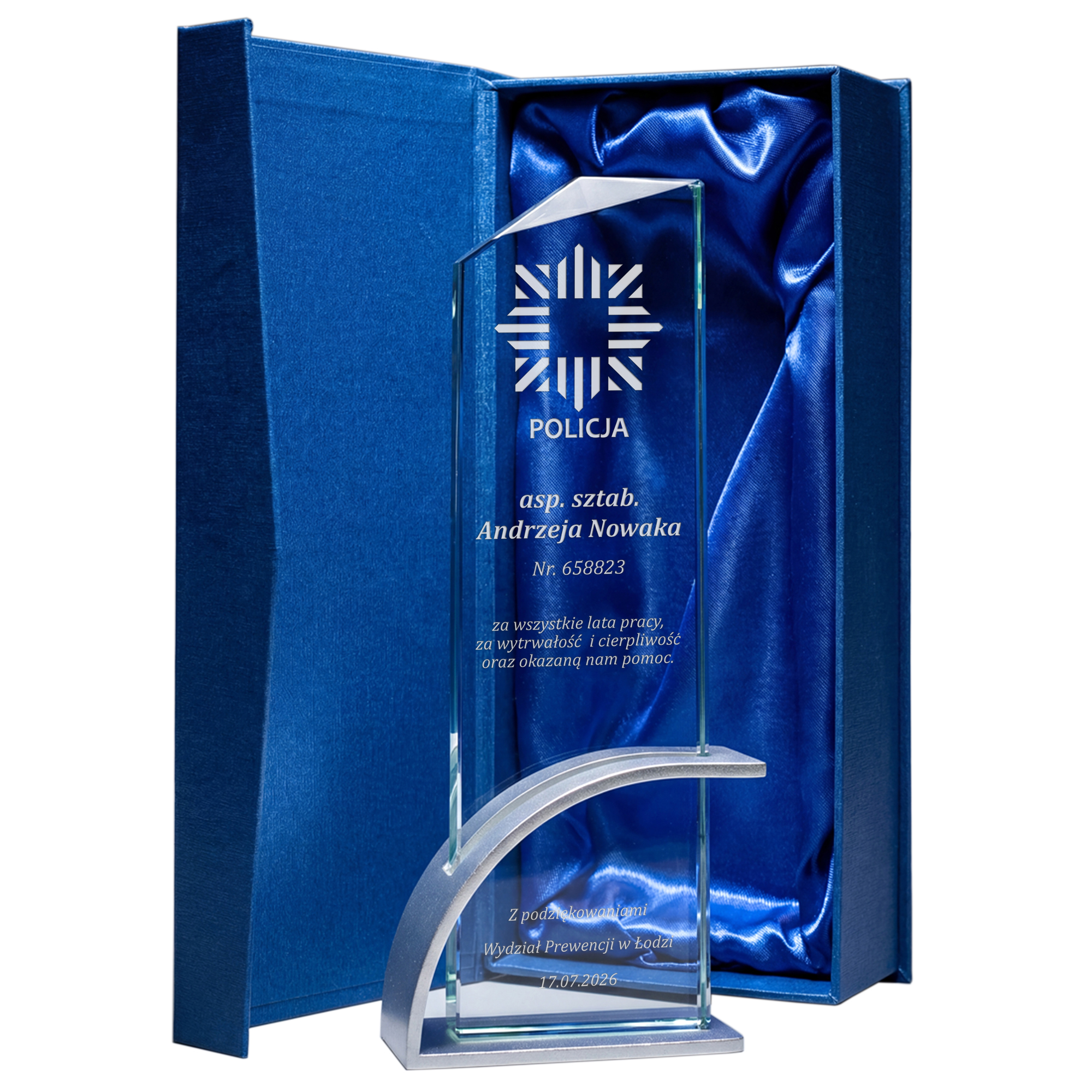 Statuetka Szklana z Grawerem dla Policjanta Awans i Emerytura