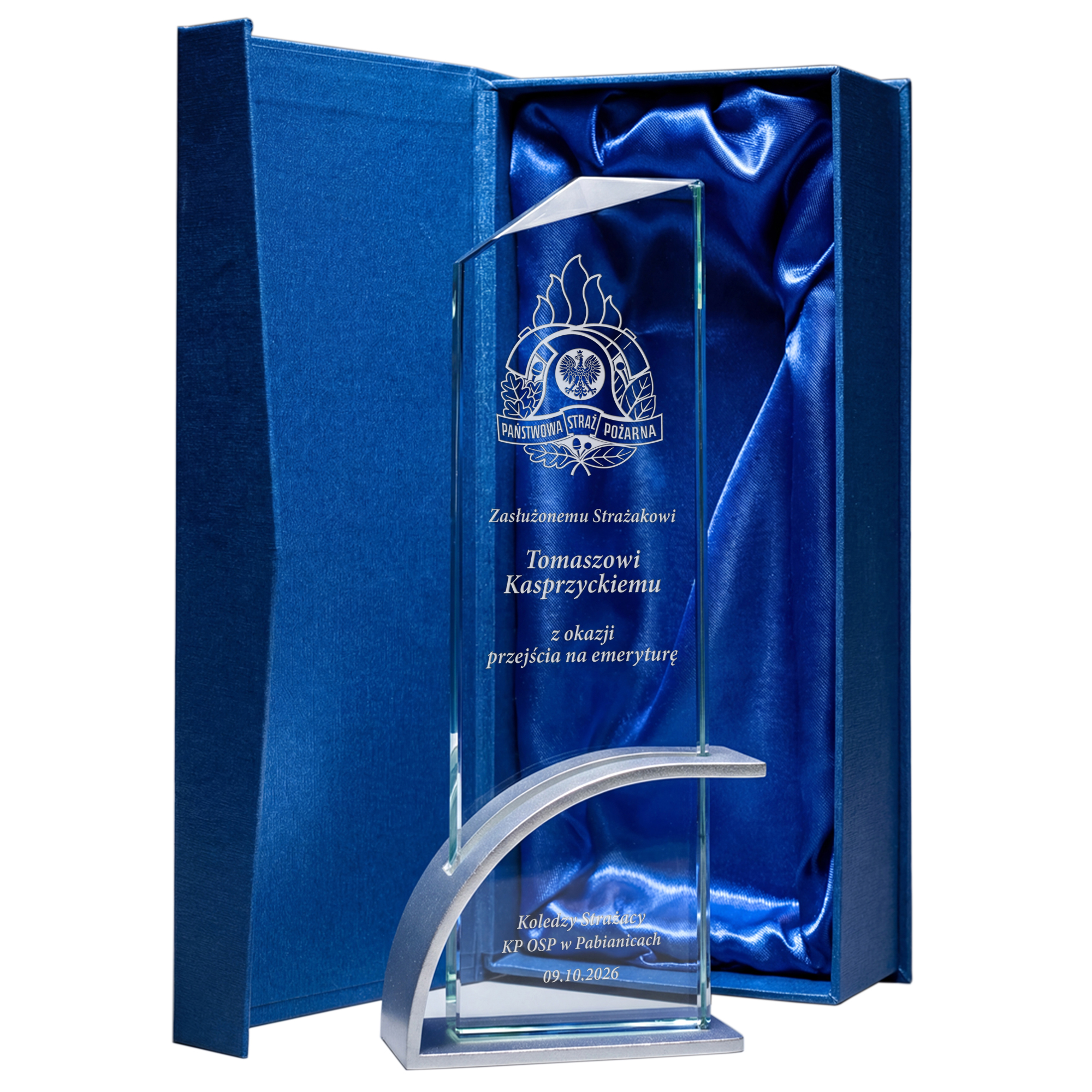 Statuetka Szklana z Grawerem dla Strażaka Awans i Emerytura